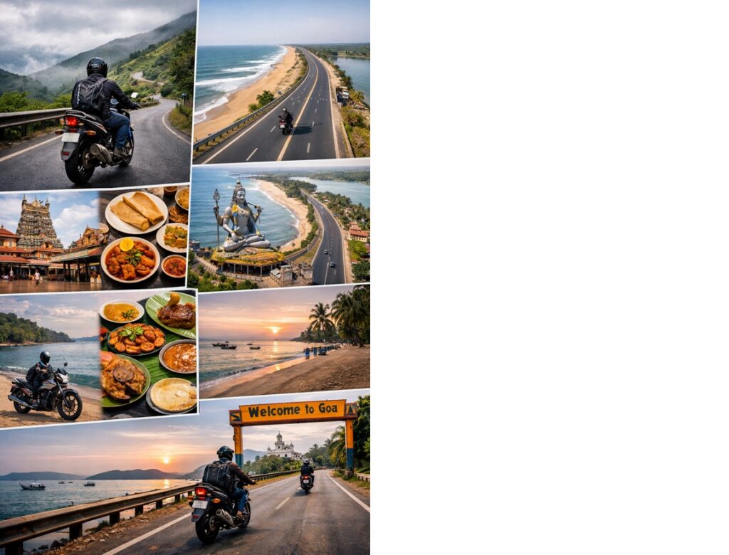 Bangalore to Goa bike trip collage showing NH-66 Konkan coastal road, Maravanthe Beach highway, Murudeshwar temple, scenic beaches, seafood meals, and motorcyclists riding into Goa.